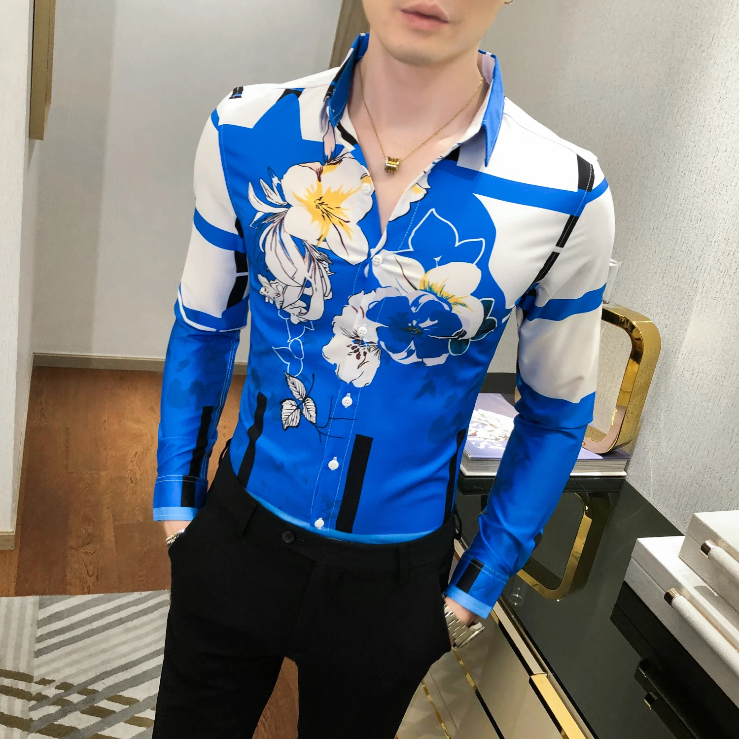 Мужская хлопковая рубашка с цветочным принтом Облегающая уникальным ручной