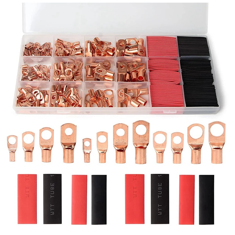 

170Pcs Copper Battery Cable Ends+180 Heat Shrinkable Tubes Ring Connectors for AWG4 6 8 10 12 Battery Wire Terminals