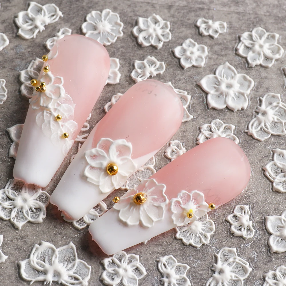 

5D Acrylic Nail Sticker Engraved White Flower Sliders Embossed Lace Wedding Nail Art Design Monogram Decals Manicure GL5D-K-1