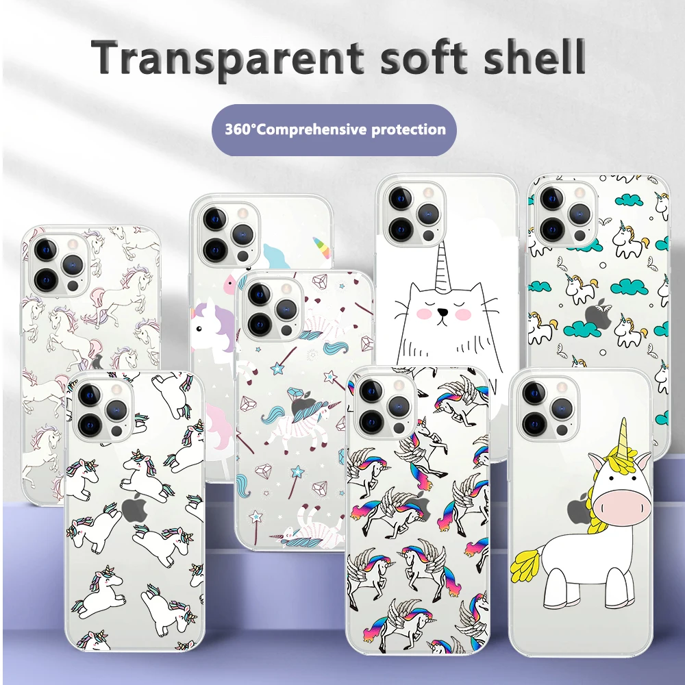 

Phone Case For iPhone 13 11 12Pro Max X XR XSMax 7 8 Plus SE2 Unicorn Cartoon Cover Clear Soft TPU Shockproof For iPhone 13 Pro