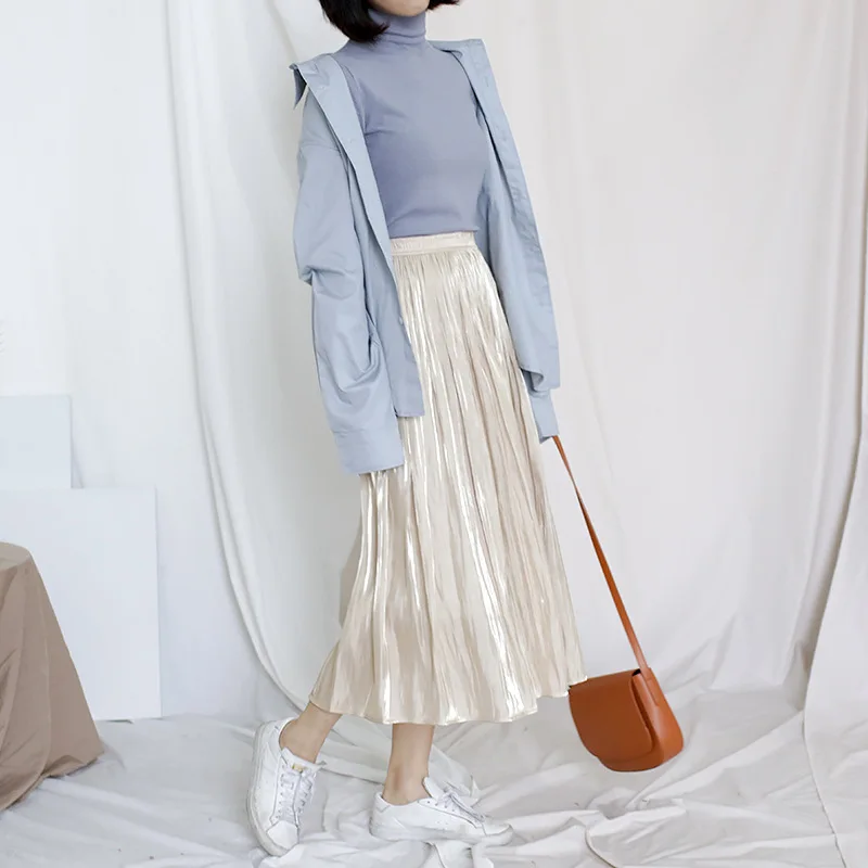 

TVVOVVIN 2021 Korean Pleated Mid-length Skirt Summer New Elastic High Waist Solid Color Loose Female Skirt TUSN