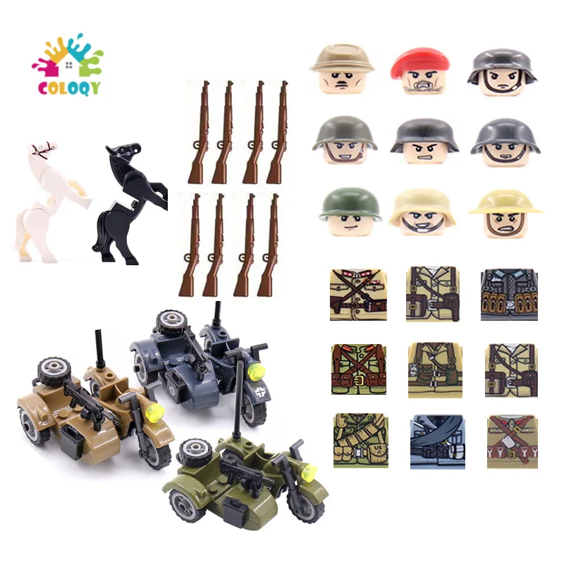 

WW2 16pcs/lot Mini Military Figures Building Blocks Motorcade Soldiers Horse Weapon Accessories Army Guns Bricks Toys For Boys