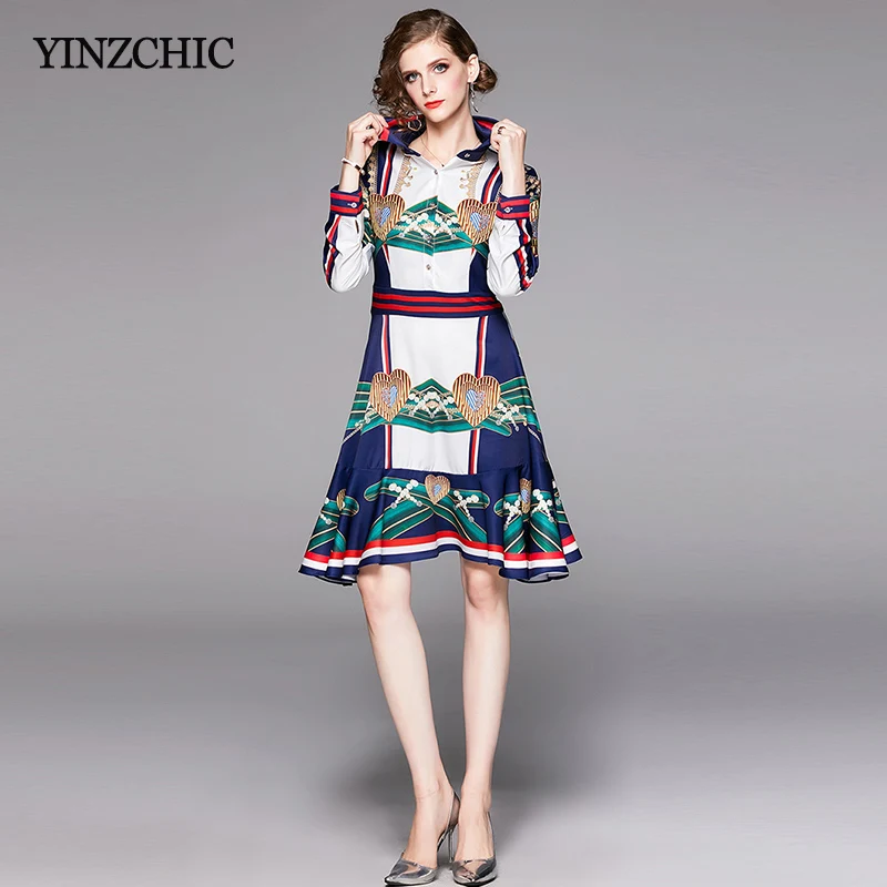 

Vintage Printed Woman Mid Dress Turn-down Collar Elegant Party Dress for Woman Full Sleeve Autumn Print A-line Dress Woman