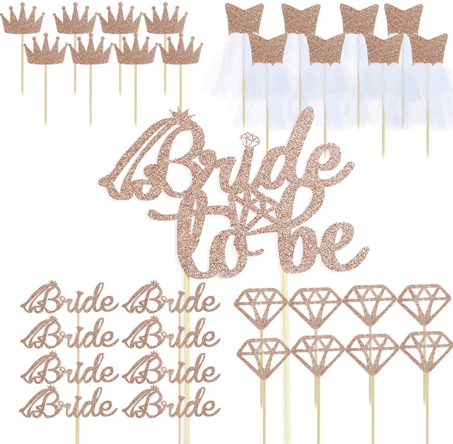 

33Pcs Rose Gold Bride To Be Cake Topper Diamond Crown Bride Tulle Dress Cupcake Toppers for Bridal Shower Engagement Party Decor