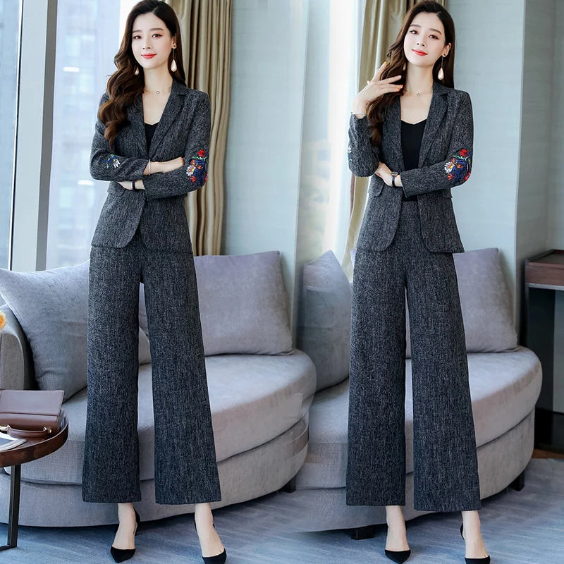 

Embroidery Floral Tweed Suit Woman Two Piece Women Pants Sets Korean Ensemble Femme 2 Pieces Pantalon Elegant Woman Suit