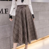 2021 autumn winter new women korean fashion vintage wool plaid midi long skirt lady slim a line umbrella large swing goth skirt