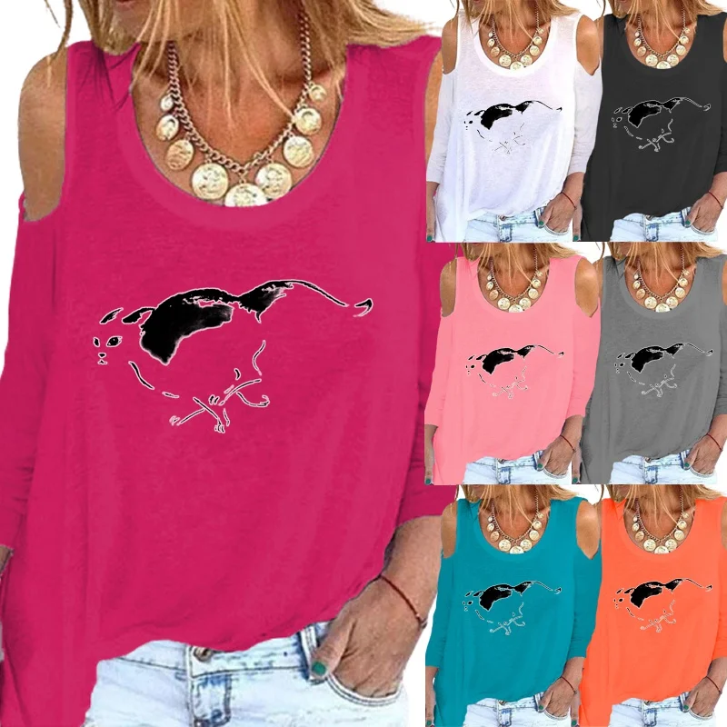 

Женская футболка с графическим принтом, Свободный Повседневный Топ с круглым вырезом и открытыми плечами, топы с длинным рукавом для весны ...
