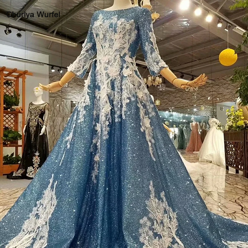 LS647401 блестящий dubai длинные вечерние платья длинный рукав o-neck простой a-line суд
