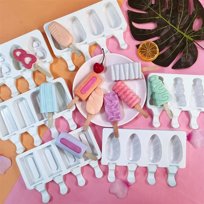 

4 hole silicone ice cream mold ice cube tray popsicle bucket Diy mold dessert freezer juice ice cream mold with popsicle