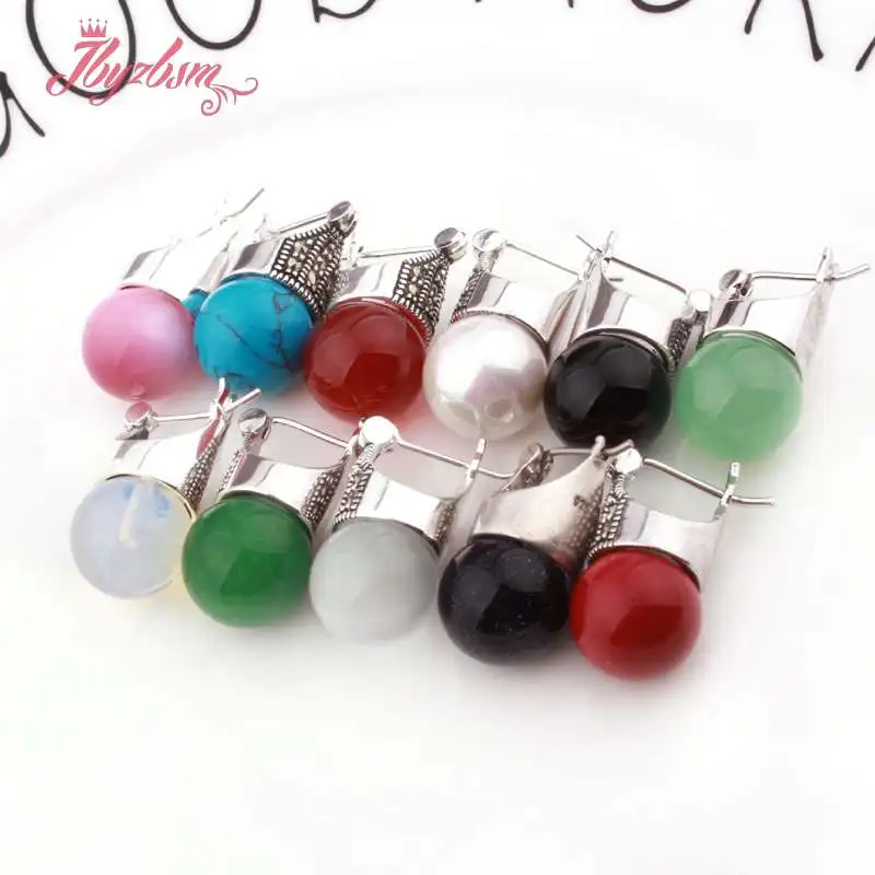 

12mm Round Ball Opal Turquoises Sandstone Stone Beads Tibetan Silver Trendy Fashion Earring For Woman Gift 1 Pair