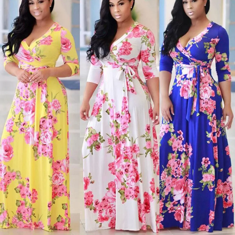 

2021 New V-neck Printed Plus Size Large Swing Woman Dress Regular Straight Y2k Bohemian Vestido Feminino