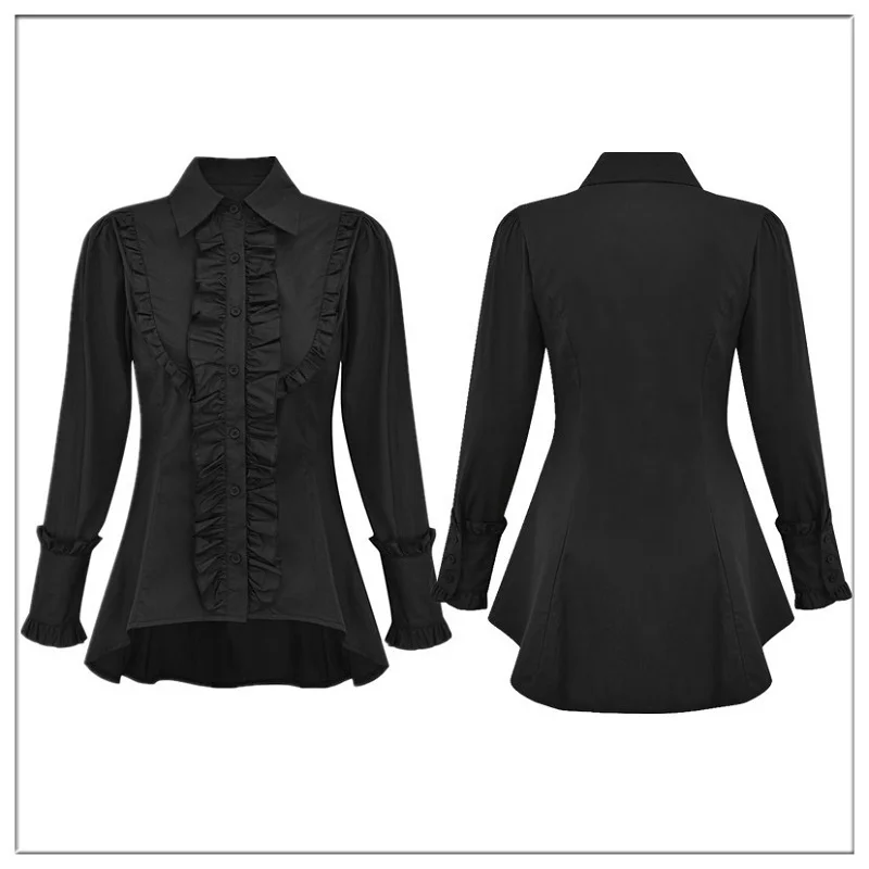 

European and American Medieval Retro Court Black Ruffle Slim Fitting Long Sleeved Shirt Punk Shirt Drama Costume