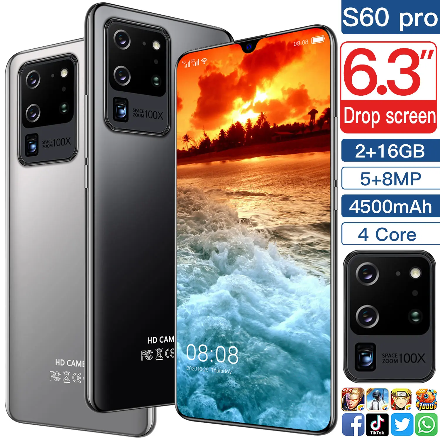 

Global Version PLTDP S60 pro 3G Android Mobile Phone 6.3"16GB ROM 8MP Camera Smartphones 3D glass Plated Back Cover CellPhone