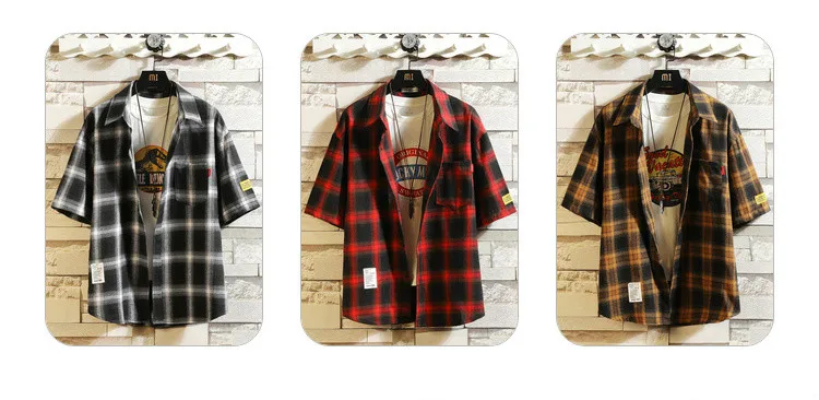 

Plaid Short Sleeve Shirt Men Black White Harajuku Casual Shirts Japanese Fashion Male Oversized Summer Military Streetwear Tops