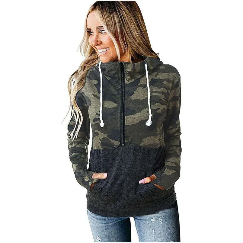 Half Zip Pullover Sweatshirt Women Drawstring Color Block Patchwork Hoodie Pocket Poleron 2021 Casual Wear Hoodie Leopard Print