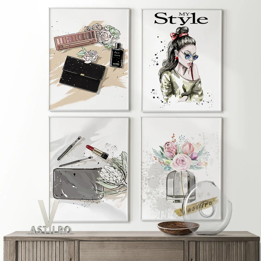 

Cosmetics Clipart Poster Fashion Illustration Art Prints Watercolour Perfumes Canvas Painting Beauty Salon Decor Wall Stickers