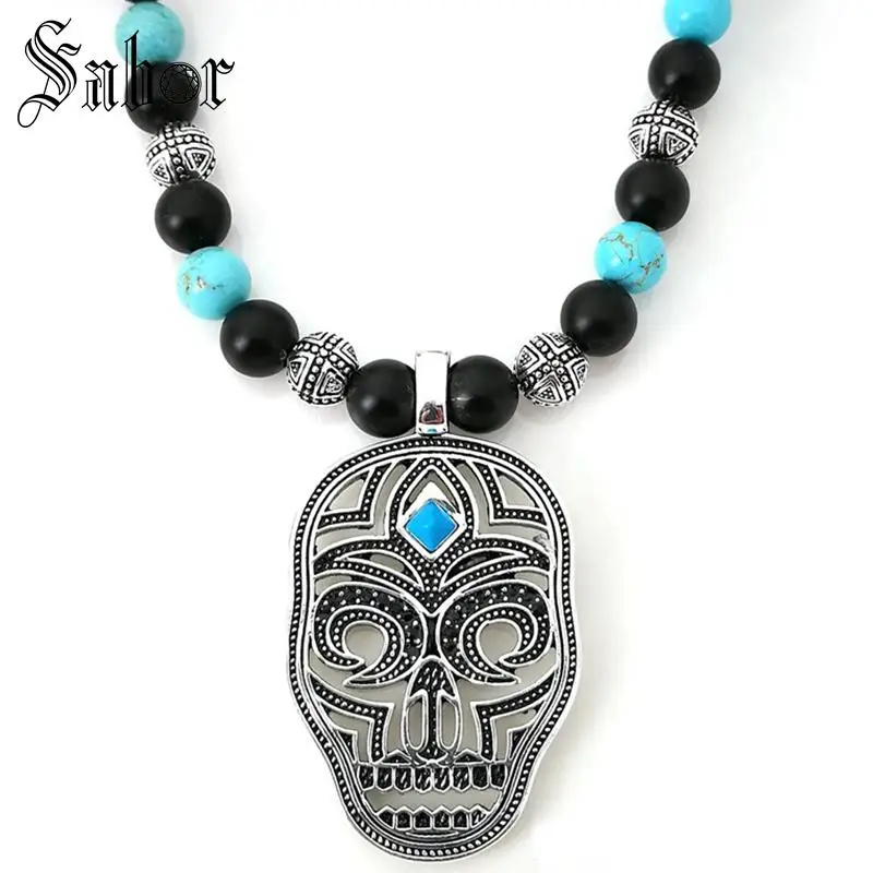 Мужское ожерелье с подвеской в виде маски черепа черным обсидиановым крестом