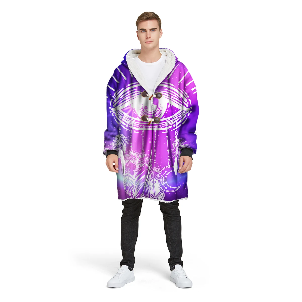 

100% polyester hooded warm man's Sherpa coat loose long winter plus velvet jacket 2019 new brand 3D print custom design CL23