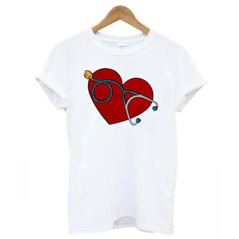 

Модная женская футболка с принтом Love Graphics Stethoscope, забавная футболка с коротким рукавом, женская летняя повседневная футболка, футболка, женс...