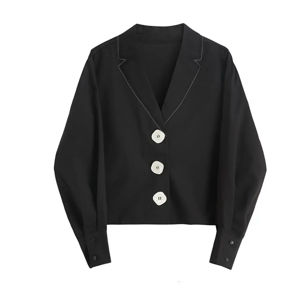 Women's spring autumn black  long sleeve V-neck chic short shirt female casual slim blouse top TB4043