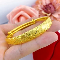vintage carved bangle for women 24k gold dragon phoenix female push and pull bracelet bridal wedding jewelry gift