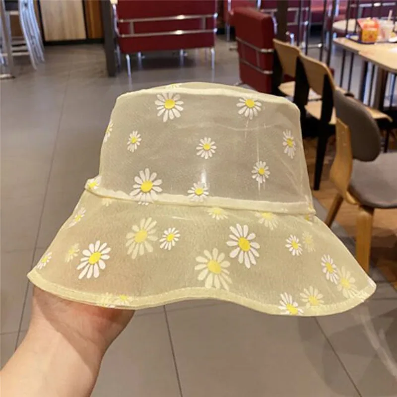 

Daisies Embroidered Buckets Hat Women Transparent Lace Flower Beach Hats Top Snapback Fashion Daisy Sun Cap Summer
