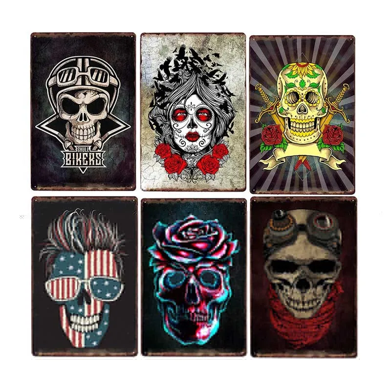 

Vintage Horror Skull Art Graffiti Paintings Tin Sign Plate Plaque Indoor Metal Craft Pin Up Wall Decorative For Bar Cafe Bedroom