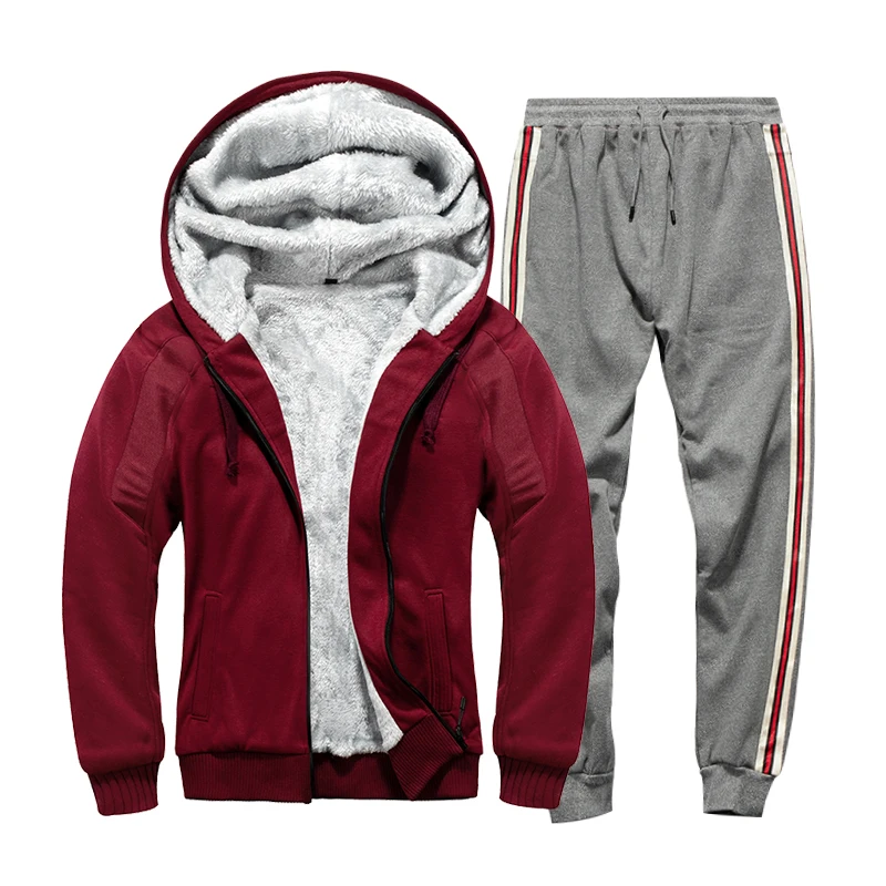 W19RedLK46Grey Мужской спортивный костюм, зимняя флисовая куртка с капюшоном+ штаны, Толстовка для мужчин s, комплект из 2 предметов, толстовки, спортивный костюм, мужской комплект пальто, спортивная одежда - Цвет: W19RedLK46Grey