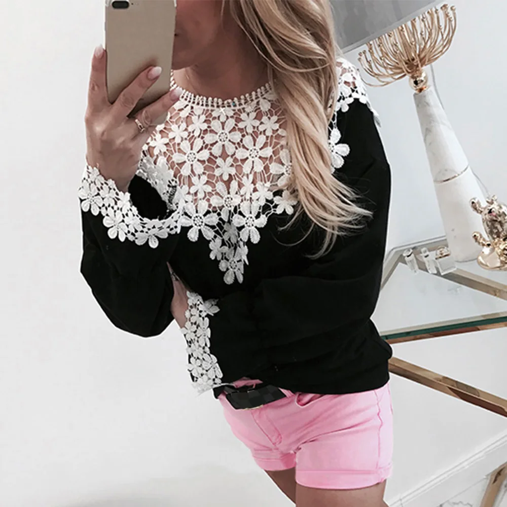 

Women Summer Lace Top Long Sleeve T-shirt black Tee shirt Femme Elegant Fashion tshirt Ladies Streetwear camisas mujer Q30