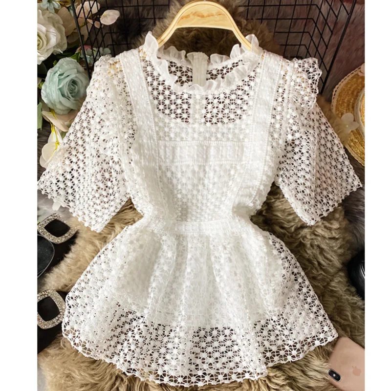 

2021 Summer New Women Short Sleeve Stand Collar Lace Ruffles Hollow Out Solid Blouse Casual Slim Shirts Blusas Top