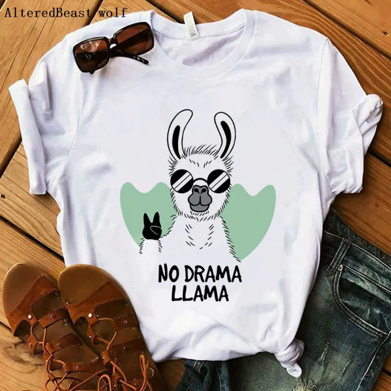 2019 ламы футболка для женщин kawaii с ламой Рождество Топы коротким рукавом принтом в