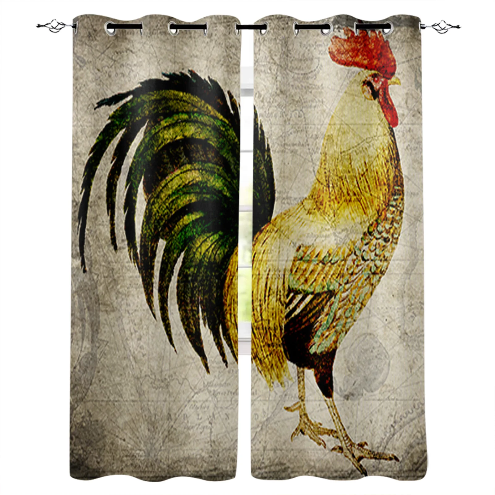 

Rooster Map Vintage Shabby Grommet Top Curtains for Living Room Bedroom Kitchen Window Treatments Home Decoration Drapre