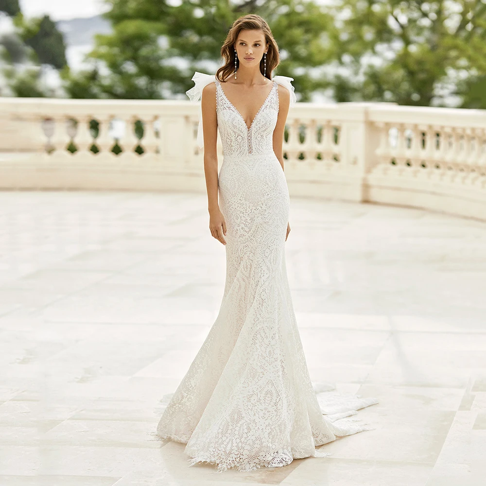 

Beach Bohemian Bridal Gowns Sexy V Neck Slim Cap Sleeve With Lace Open Back Boho Rustic Wedding Dresses Mermaid Formal Skirts