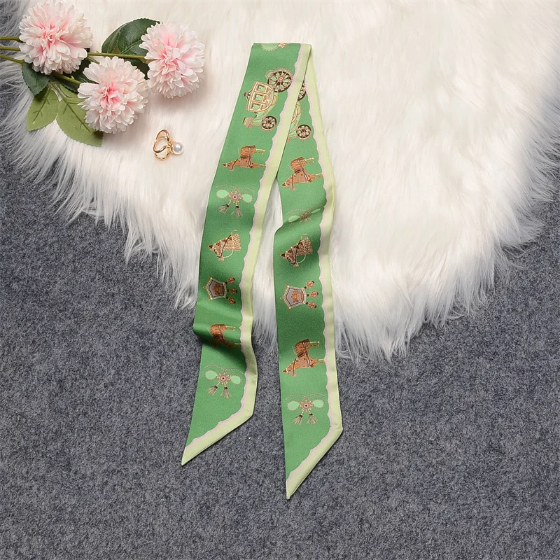 100% Mulberry Silk Twill Scarf for Handbag&Purse-Small Fashion Ribbon Neckerchief - for Women Hair Horse Print luxury Brand  images - 6