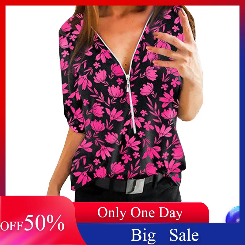Ladies Plus Size Print Lace Short Sleeve Pullover Tops fashion Women's simple V-neck casual Zip T-shirt camisetas mujer verano