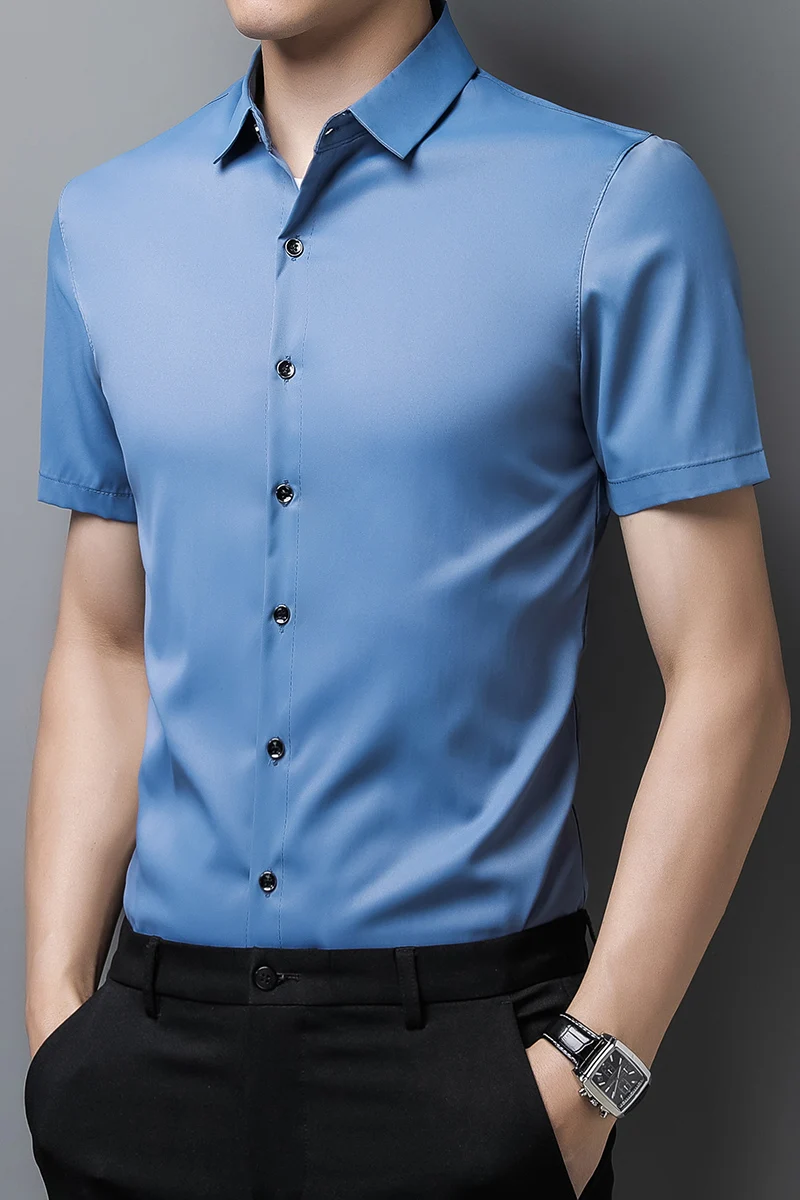 Мужская классическая шелковая рубашка синяя гладкая большого размера