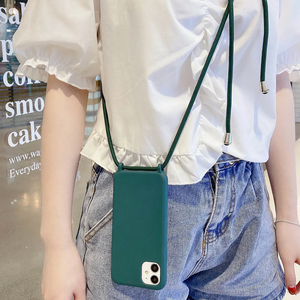 2022.Solid Color Phone Case for iPhone 12 Mini 11 Pro Max XR X XS Max 6 6s 7 8 Plus Lanyard Necklace Chain Hang Strap Cord Rope