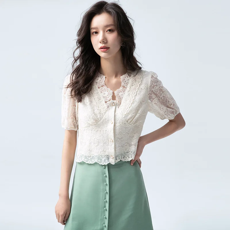 

Summer Fashion New Women Shirt Female Casual Lace Blouse Short Sleeve Tops Lace Women Blouse Slim Women's Clothing