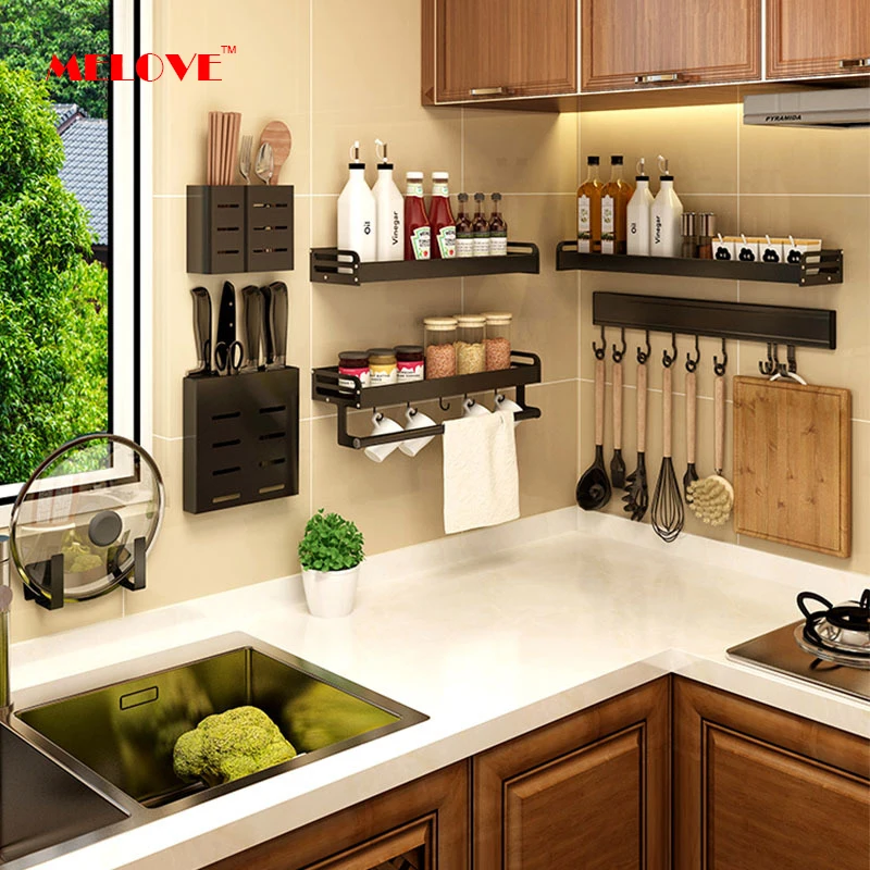 

Kitchen Seasoning Rack Wall-mounted Multifunctional Shelf Space Aluminum Widened Kitchen Organizer Corner Shelf Free Perforation