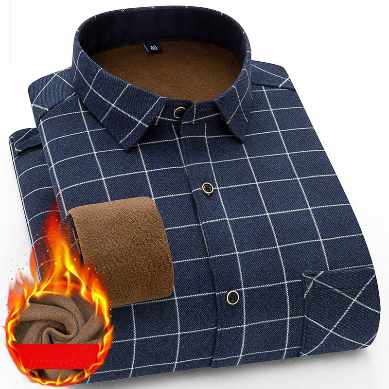 New 2020 Winter Thick Warm Dress Shirt For Men Casual Long Sleeve Plaid Fleece Lining Shirts Fashion Soft Flannel MY203 | Мужская одежда