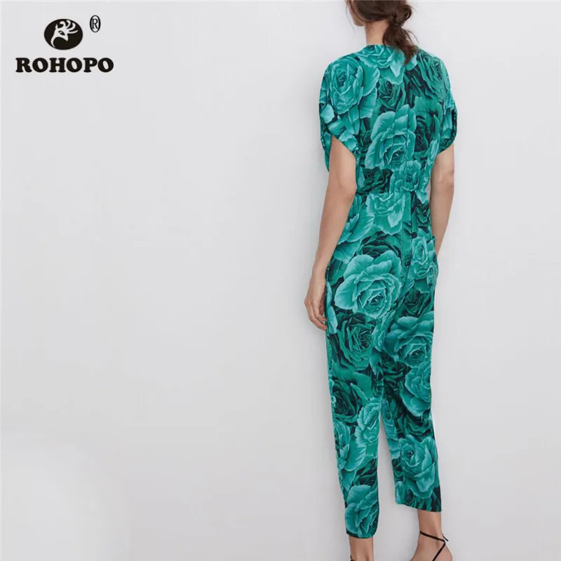ROHOPO короткий рукав цветочный топ пуговицы мухами низ комбинезон женский осенний