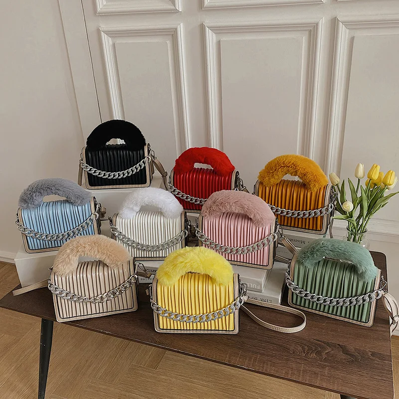 

Trendy Fashionable Women's Bags Bag 2021 New Comfort Plush Hand-Carrying Bag Chain Crossbody Pleated Shoulder Lady