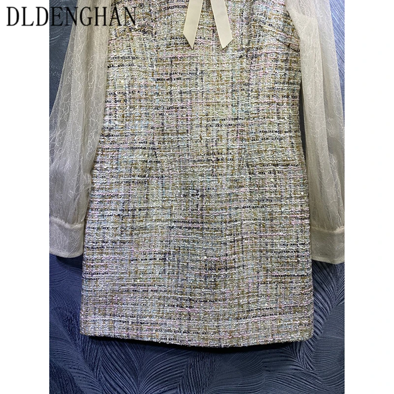 

DLDENGHAN Fashion Crystal Bow Tweed Dress Women's Turn-Down Collar Lace Long Sleeve Mini Dresses Designer Spring New