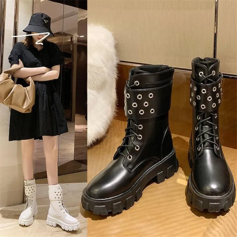 

Autumn Winter Women's PU Leather Ankle Boots Thick Sole Zip Platform Booties Woman Fashion Metal Buckle Motorcycle Botas