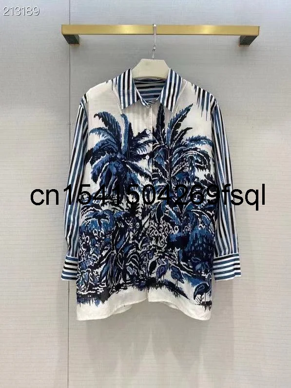 

New Fashion Runway Summer Women Elegant Stripes Print Long Sleeve Single-breasted Loose Female Vintage Hot Sale Shirt