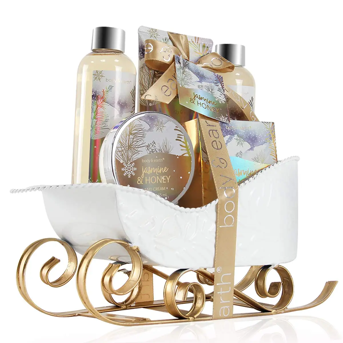 Jasmine & Honey Scent Spa Gift Baskets for Women, 6pcs Bath and Body Set with Bubble Bath, Body Lotion, Hand Cream