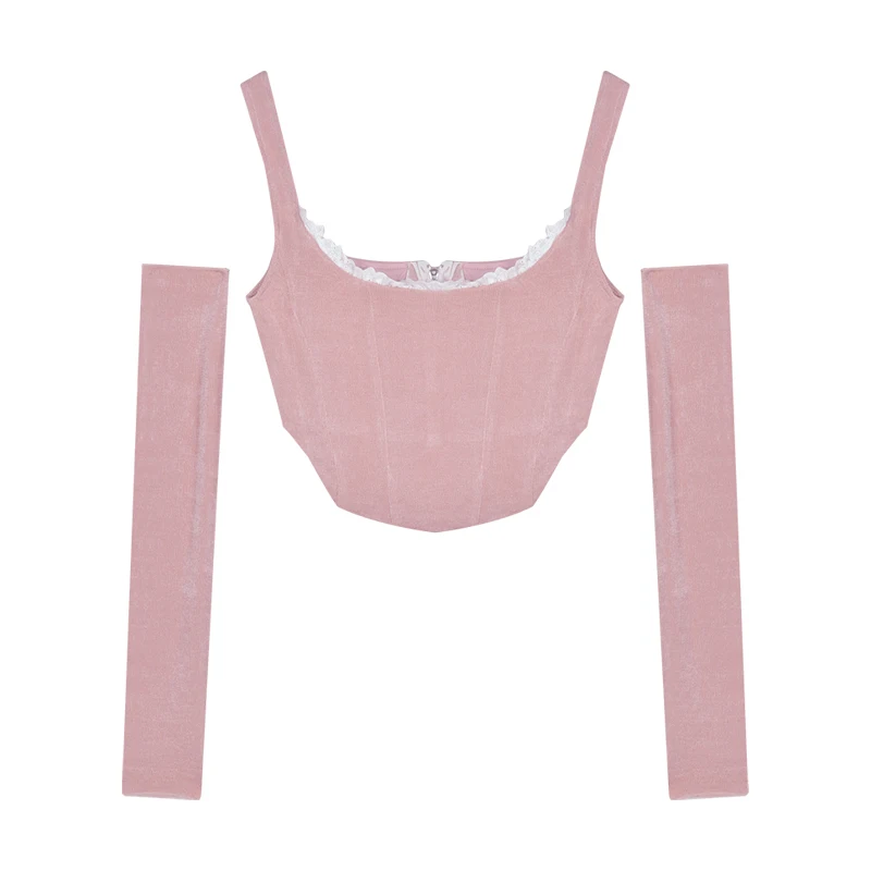 

Off Shoulder Fake Two Lace Sling Knitted T-shirt Women Summer Design Sense Short-cut Pure Short-sleeved Top