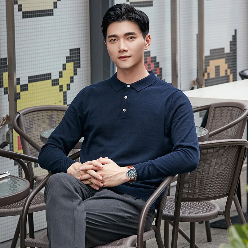 Осенний мужской топ с длинным рукавом вязаный свитер поло мужские темно синие