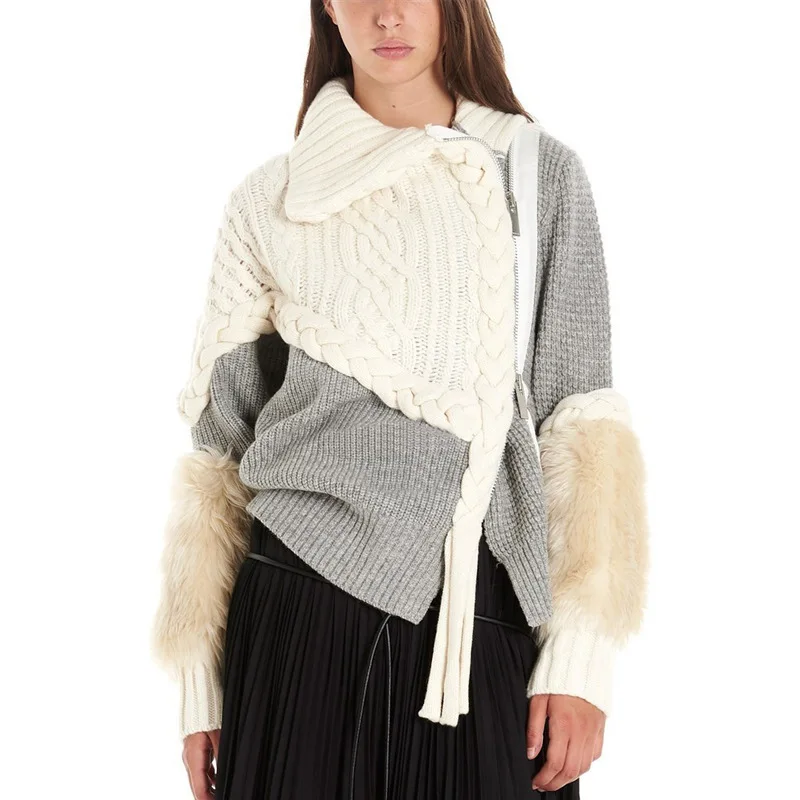 DEAT Gray Lapel Stitching Fur Long-sleeved Thick Wool Hit Color Woman Sweater Coat Casual Fashion Autumn Winter New TD065