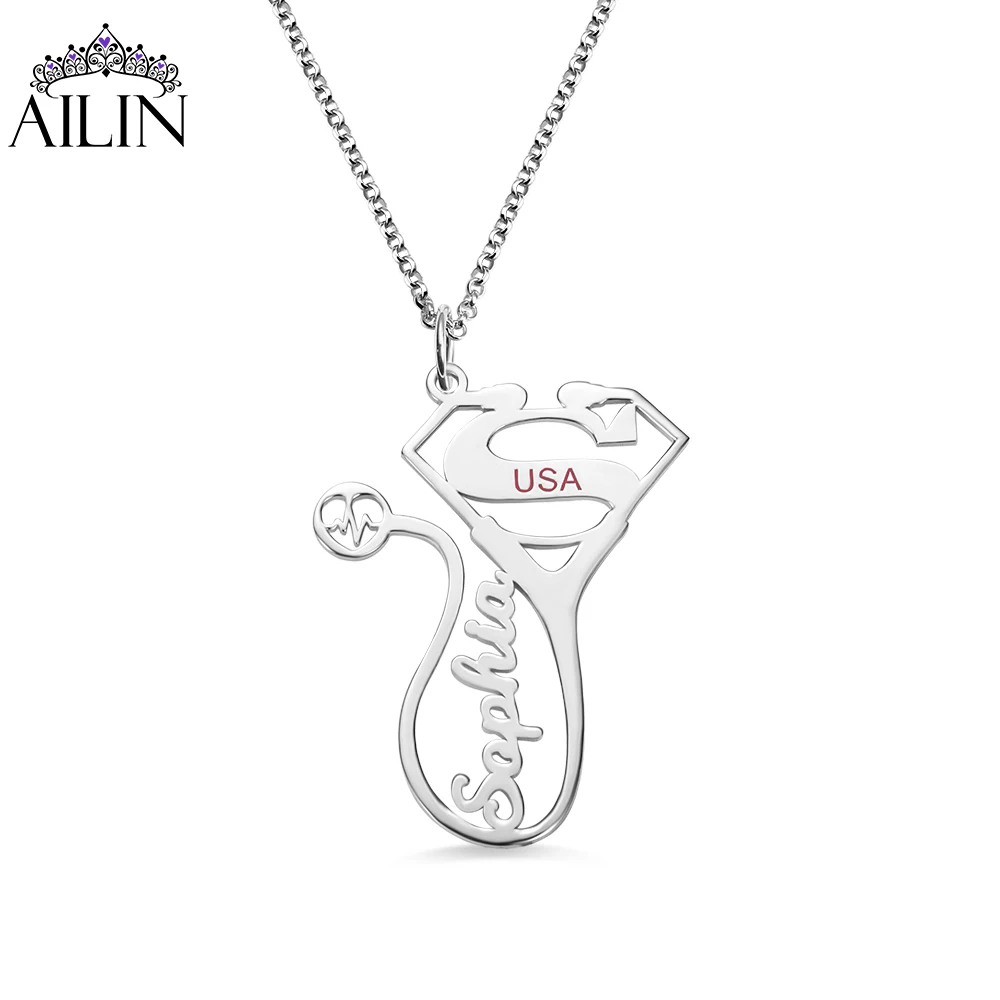 

AILIN Dropshipping Personalized Medical Stethoscope Style Silver Steel Special Gift For Super Doctor Nurse Honor Necklace